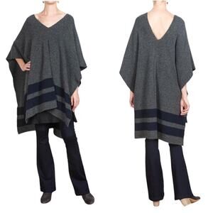 Jenni Kayne Stripe‎ Poncho In Charcoal Navy One Size Italian Wool Yak Blend